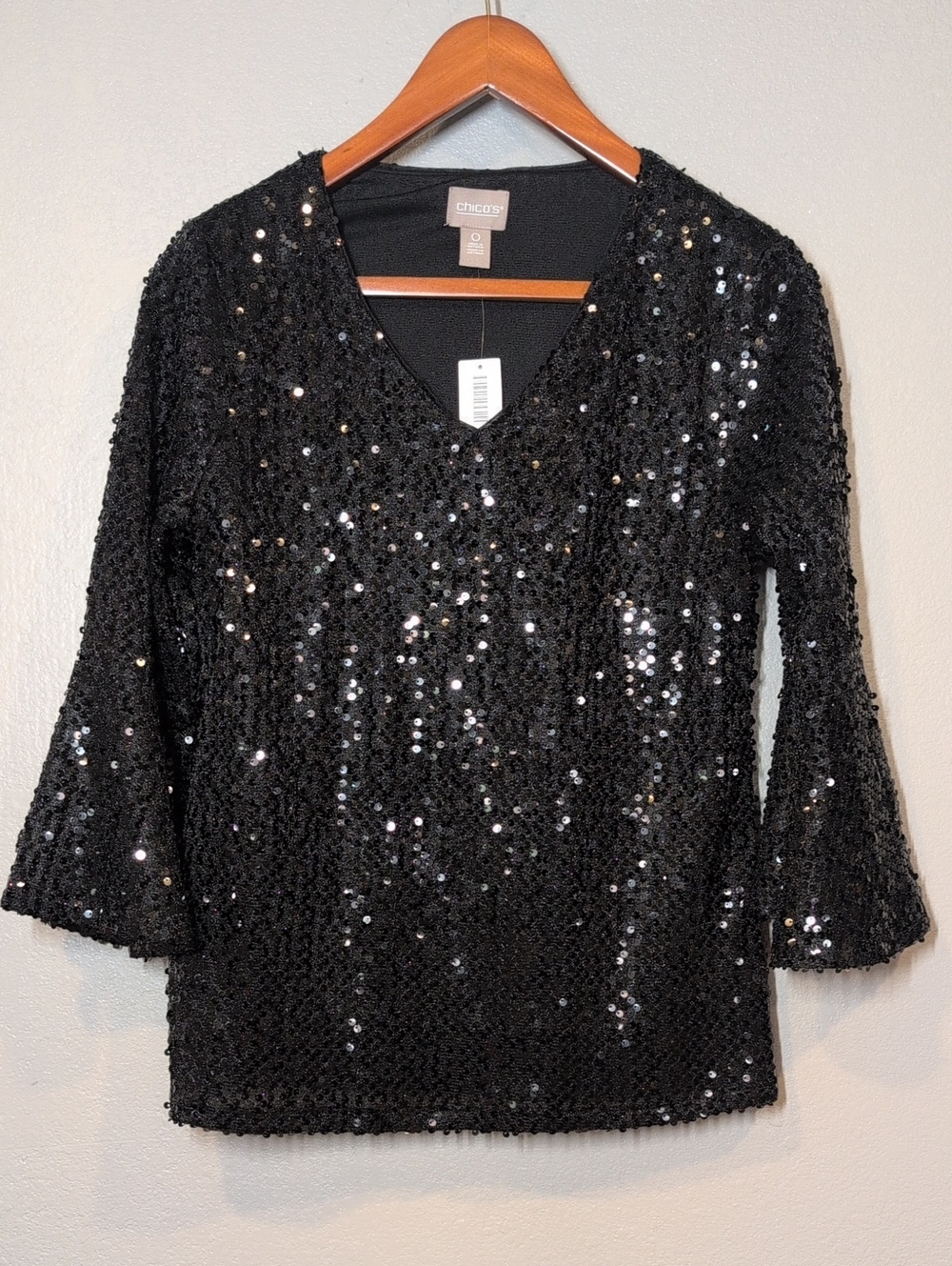 Chico's Black Sequin V-Neck 3/4 Bell Sleeve Dressy Blouse